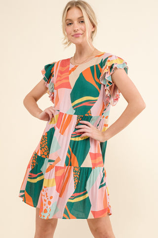 And The Why Printed Double Ruffle Sleeve Dress Trendsi