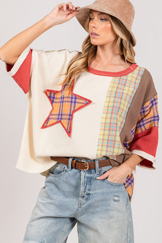 SAGE + FIG Round Neck Plaid Star Patch T-Shirt Trendsi