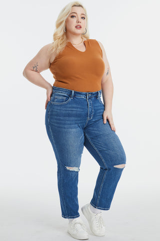 BAYEAS Full Size High Waist Distressed Washed Cropped Mom Jeans Trendsi