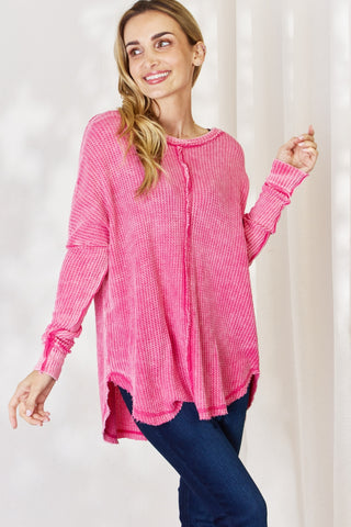 Zenana Oversized Washed Waffle Long Sleeve Top Trendsi