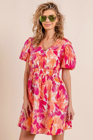 BiBi Floral V-Neck Puff Sleeve Mini Dress Trendsi