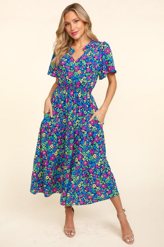 Haptics Printed Notched Short Sleeve Dress with Pockets Trendsi