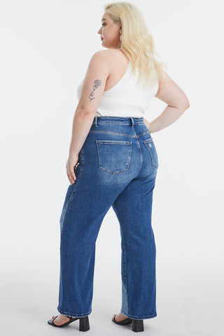 BAYEAS Full Size High Waist Two-Tones Patched Wide Leg Jeans Trendsi