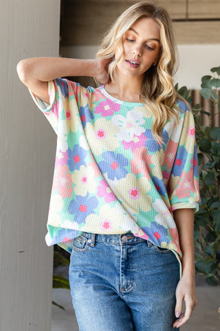 HOPELY Floral Waffle Oversized T-Shirt Trendsi