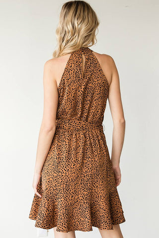 First Love Full Size Leopard Belted Sleeveless Dress Trendsi