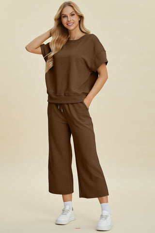 Double Take Full Size Texture Round Neck Top and Pants Set Trendsi