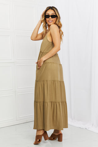 Zenana Full Size Spaghetti Strap Tiered Dress with Pockets in Khaki Trendsi