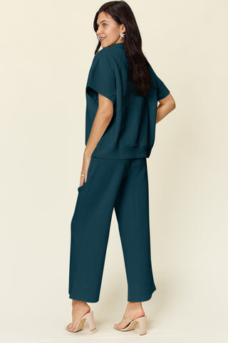 Double Take Full Size Texture Half Zip Short Sleeve Top and Pants Set Trendsi