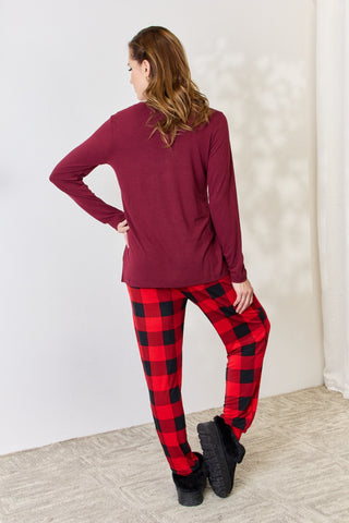 Zenana Full Size Plaid Round Neck Top and Pants Pajama Set Trendsi