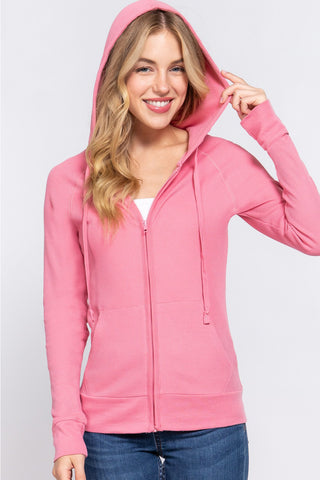 ACTIVE BASIC Waffle Knit Drawstring Zip Up Long Sleeve Hoodie Trendsi