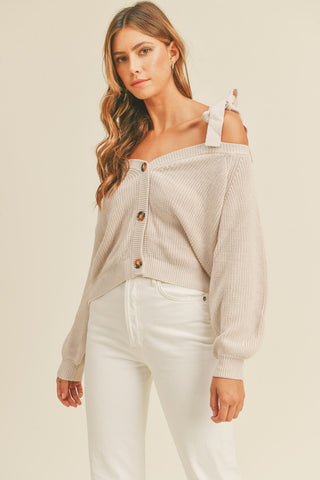 MABLE Off Shoulder Self Tie Strap Button Down Sweater Trendsi