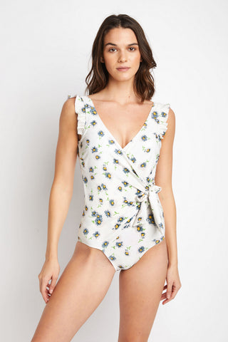 Marina West Swim Float On Ruffle Faux Wrap One-Piece in Daisy Cream Trendsi