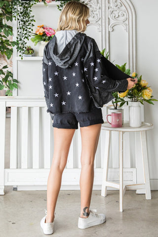 Veveret Star Embroidered Hooded Denim Jacket Trendsi