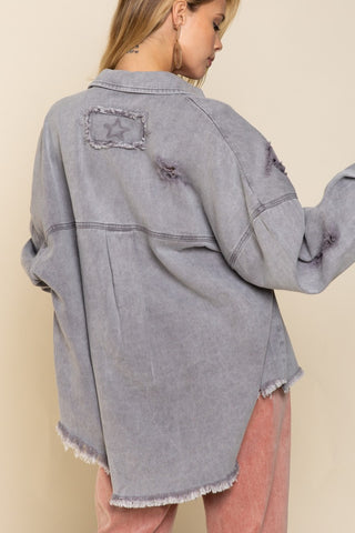 POL Button Down Raw Hem Distressed Shacket Trendsi