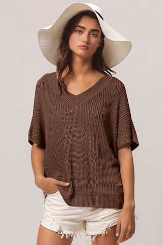 BiBi V-Neck Slit Short Sleeve Sweater Trendsi