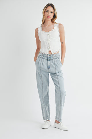 MABLE Pleated Front Detail Straight Jeans Trendsi