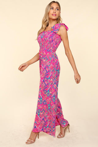 Haptics Printed Smocked Sleeveless Jumpsuit Trendsi