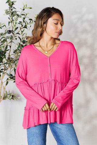 Double Take Half Button Long Sleeve Ruffle Hem Blouse Trendsi