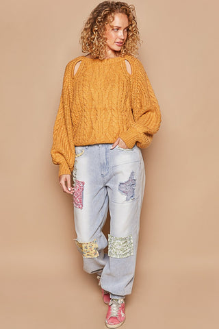 POL Cable Knit Cutout Long Sleeve Sweater Trendsi