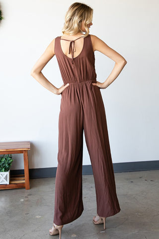 First Love Tie Back Sleeveless Slit Wide Leg Jumpsuit Trendsi