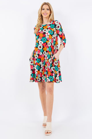 Celeste Full Size Floral Three-Quarter Sleeve Dress with Pockets Trendsi