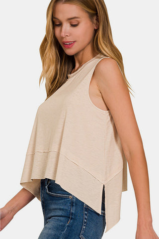 Zenana Exposed Seam Slit Round Neck Tank Trendsi