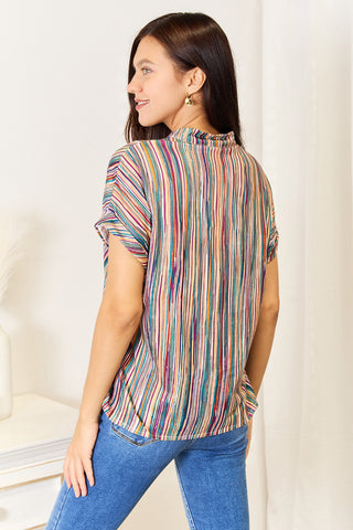 Shiny Multicolored Stripe Notched Neck Top Trendsi