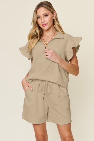 Double Take Full Size Texture Flounce Sleeve Top and Drawstring Shorts Set Trendsi