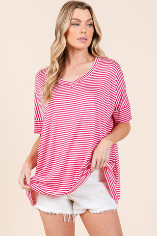 BOMBOM Striped V-Neck T-Shirt Trendsi