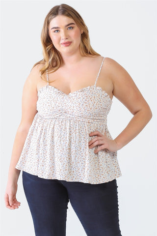 Zenobia Plus Size Frill Smocked Floral Sweetheart Neck Cami Trendsi