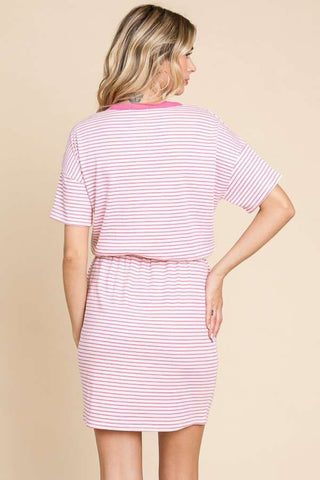 Culture Code Full Size Striped Short Sleeve Mini Dress with Pockets Trendsi