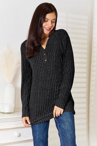 Double Take Notched Neck Ribbed Long Sleeve T-Shirt Trendsi