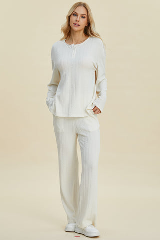 Double Take Full Size Cable-Knit Long Sleeve Top and Pants Set Trendsi