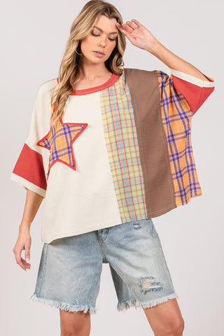 SAGE + FIG Round Neck Plaid Star Patch T-Shirt Trendsi