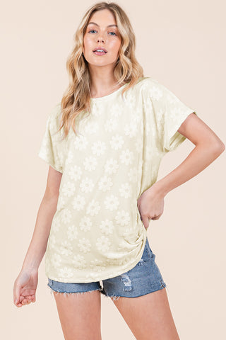 BOMBOM Textured Floral Pattern Short Sleeve T-Shirt Trendsi