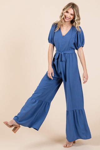 GeeGee Full Size V-Neck Belted Wide Leg Jumpsuit Trendsi