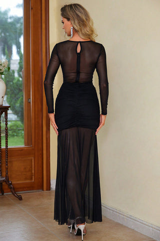 Semi-Sheer Slit Round Neck Dress Trendsi