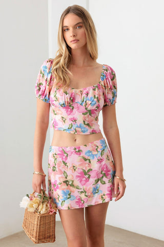 Le Lis Floral Puff Sleeve Crop Top and Mini Skirt Set Trendsi