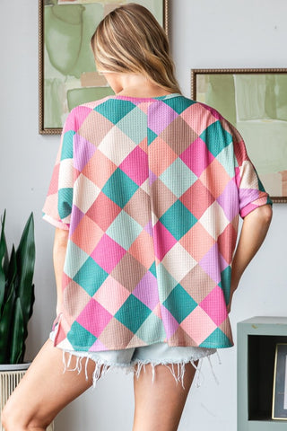 HOPELY Full Size Multi Colored Argyle Side Slit T-Shirt Trendsi