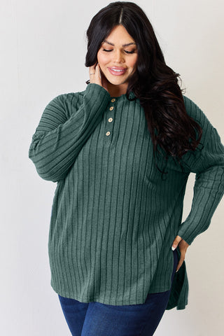 Basic Bae Full Size Ribbed Half Button Long Sleeve High-Low T-Shirt Trendsi