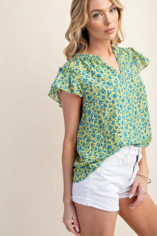 Kori America Floral Notched Ruffled Cap Sleeve Blouse Trendsi