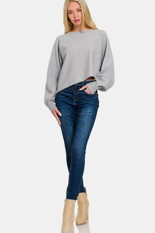 Zenana Asymmetric Hem Long Sleeve Sweater Trendsi