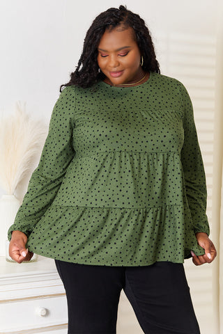 Heimish Full Size Long Puff Sleeve Polka Tiered Top Trendsi