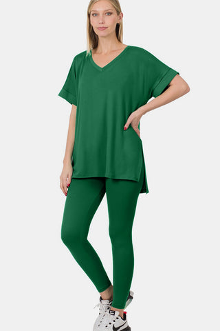 Zenana V-Neck Rolled Short Sleeve T-Shirt and Leggings Lounge Set Trendsi