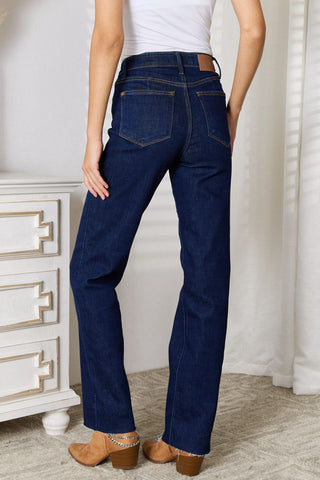 Judy Blue Full Size Raw Hem Straight Leg Jeans with Pockets Trendsi