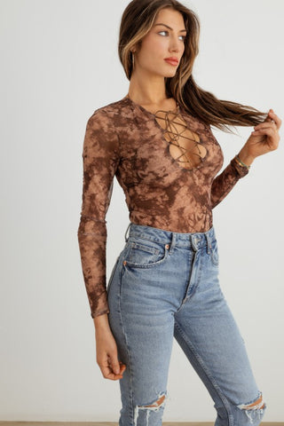 HERA COLLECTION Abstract Mesh Lace-Up Long Sleeve Bodysuit Trendsi