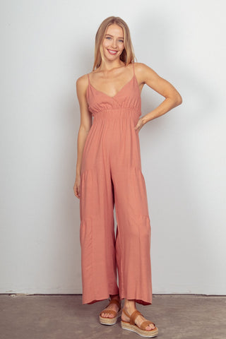 VERY J Sleeveless Ruched Wide Leg Jumpsuit Trendsi