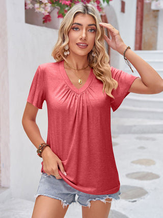 Double Take Ruched V-Neck Short Sleeve T-Shirt Trendsi