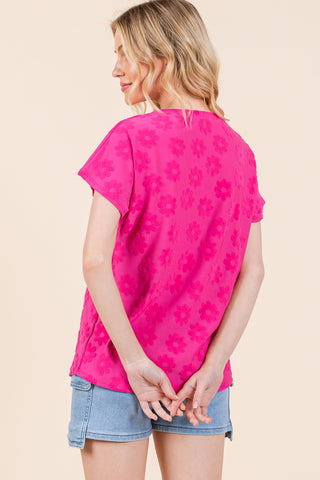 BOMBOM Textured Floral Pattern Short Sleeve T-Shirt Trendsi