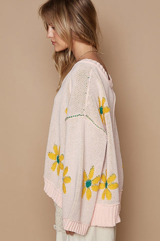 POL V-Neck Floral Pattern Chenille Sweater Trendsi